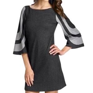 Trina Turk Hijinx Knit Retro Mini Dress Grey Size 4 3/4 Mod Bell Sleeve